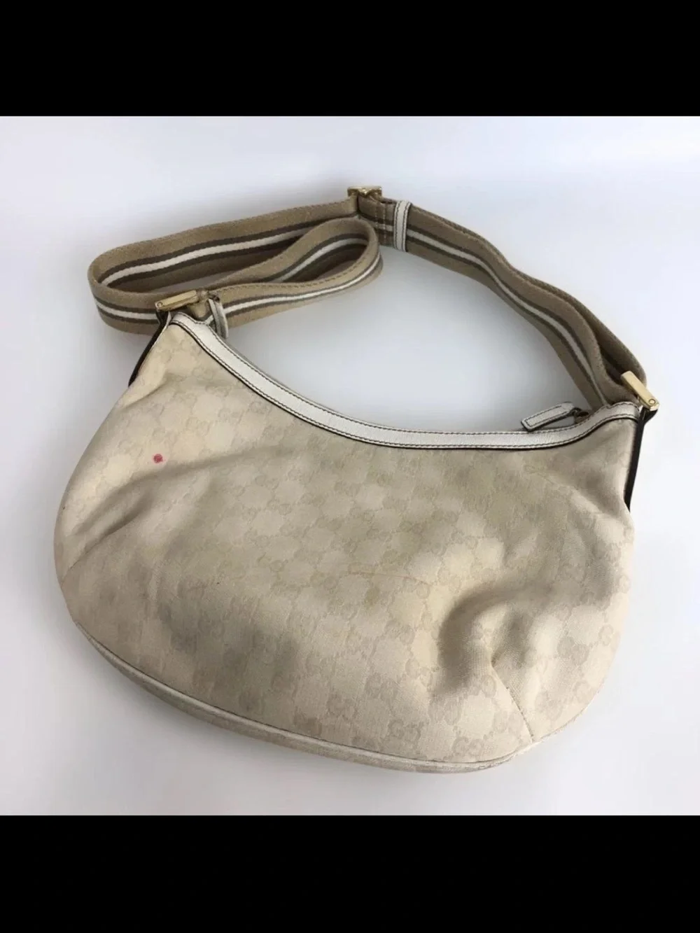 Gucci Beige Monogram Shoulder Bag with Striped Canvas Strap